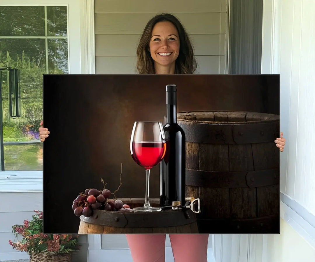 A kitchen featuring the Wall Art Red Wine Bottle and Tun canvas print, ready to hang.