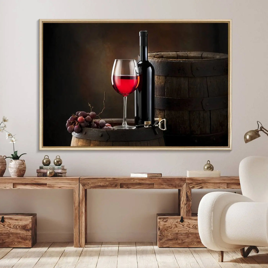 A kitchen featuring the Wall Art Red Wine Bottle and Tun canvas print, ready to hang.