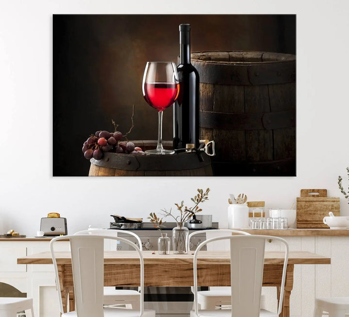 A kitchen featuring the Wall Art Red Wine Bottle and Tun canvas print, ready to hang.