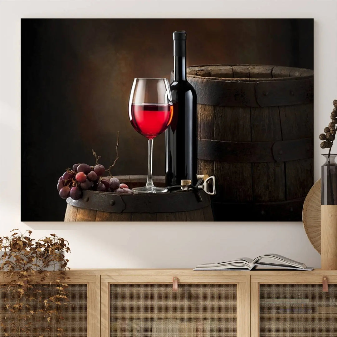 A kitchen featuring the Wall Art Red Wine Bottle and Tun canvas print, ready to hang.