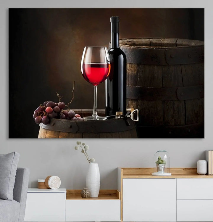 A kitchen featuring the Wall Art Red Wine Bottle and Tun canvas print, ready to hang.