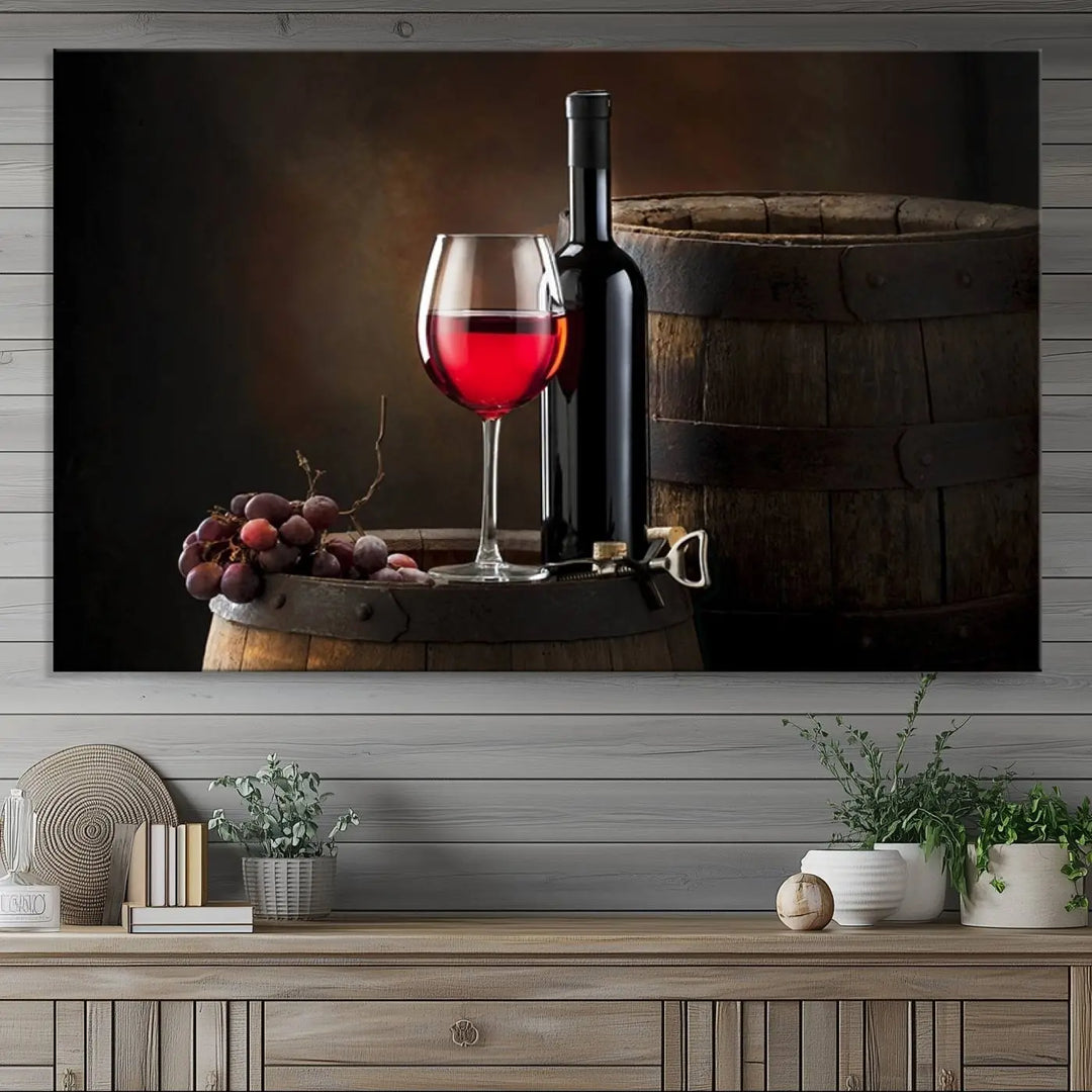 A kitchen featuring the Wall Art Red Wine Bottle and Tun canvas print, ready to hang.