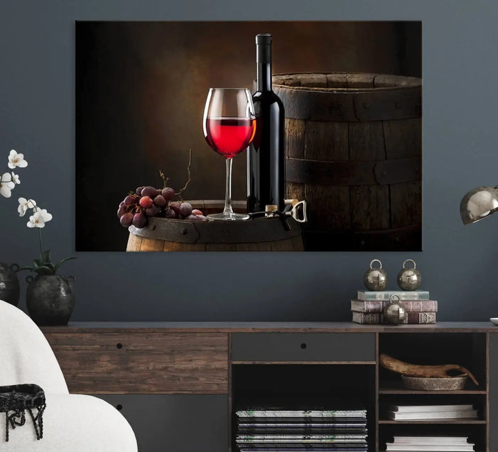 A kitchen featuring the Wall Art Red Wine Bottle and Tun canvas print, ready to hang.