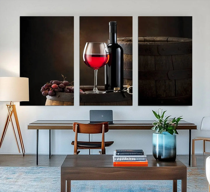 A kitchen featuring the Wall Art Red Wine Bottle and Tun canvas print, ready to hang.