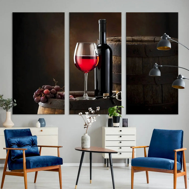 A kitchen featuring the Wall Art Red Wine Bottle and Tun canvas print, ready to hang.