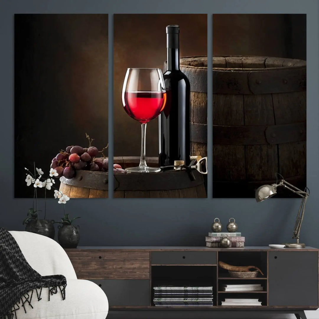 A kitchen featuring the Wall Art Red Wine Bottle and Tun canvas print, ready to hang.