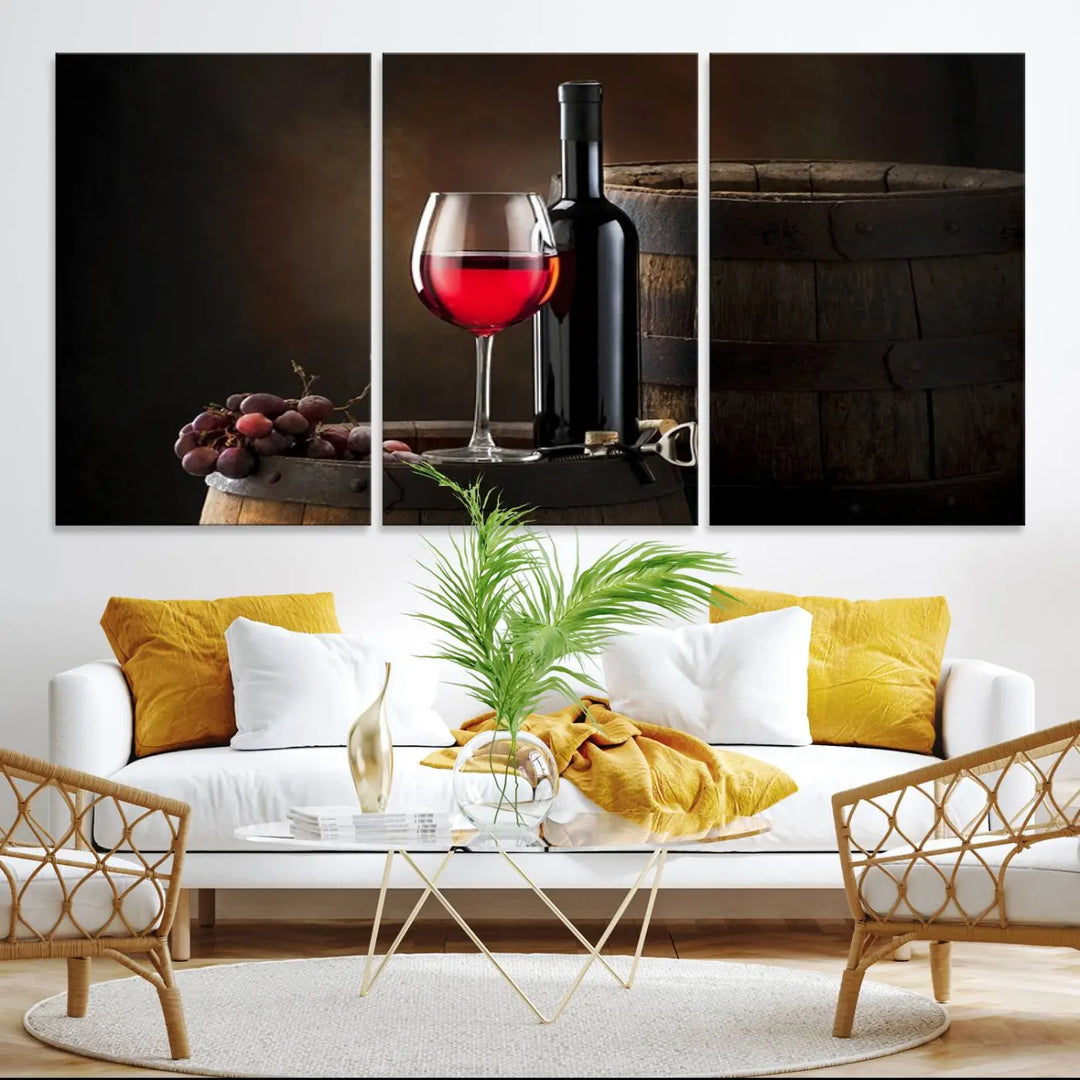 A kitchen featuring the Wall Art Red Wine Bottle and Tun canvas print, ready to hang.