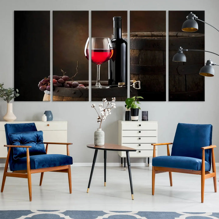 A kitchen featuring the Wall Art Red Wine Bottle and Tun canvas print, ready to hang.