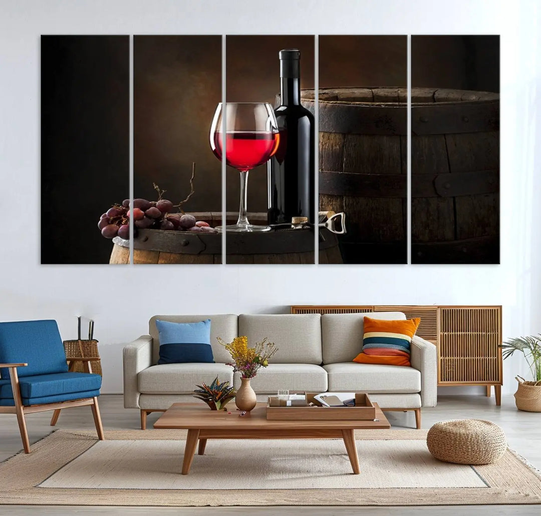 A kitchen featuring the Wall Art Red Wine Bottle and Tun canvas print, ready to hang.