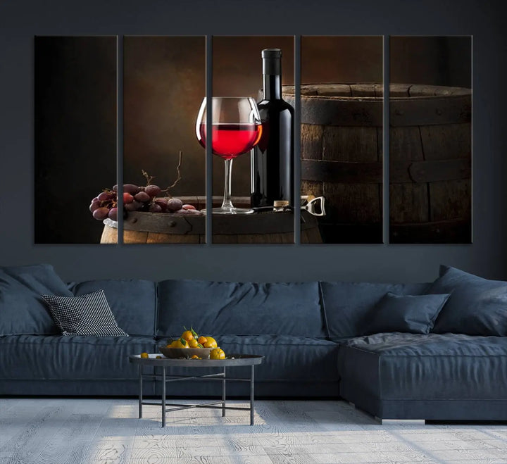 A kitchen featuring the Wall Art Red Wine Bottle and Tun canvas print, ready to hang.