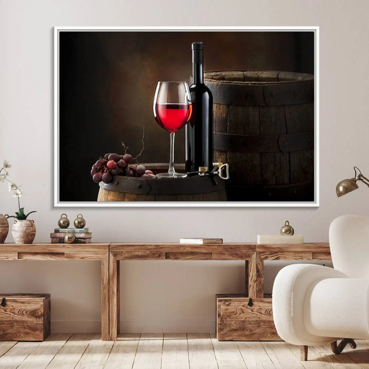 A kitchen featuring the Wall Art Red Wine Bottle and Tun canvas print, ready to hang.