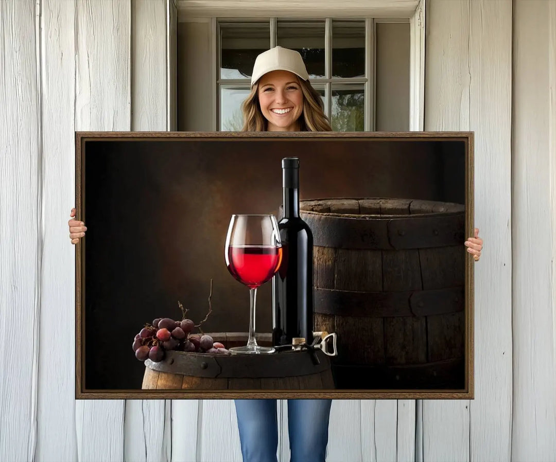 A kitchen featuring the Wall Art Red Wine Bottle and Tun canvas print, ready to hang.