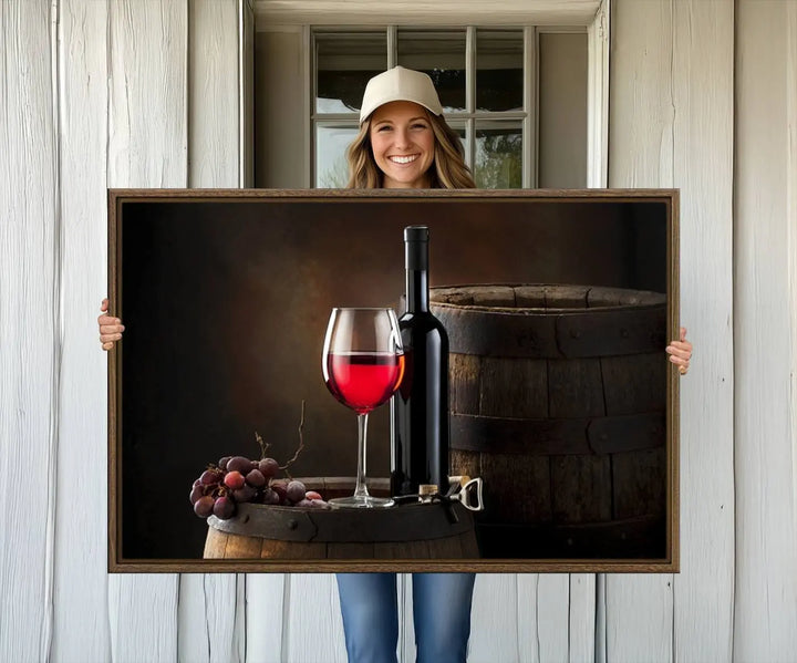 A kitchen featuring the Wall Art Red Wine Bottle and Tun canvas print, ready to hang.