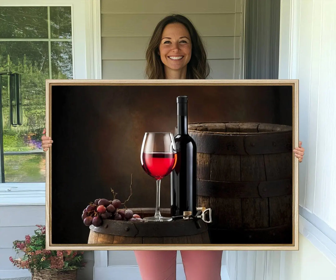 A kitchen featuring the Wall Art Red Wine Bottle and Tun canvas print, ready to hang.