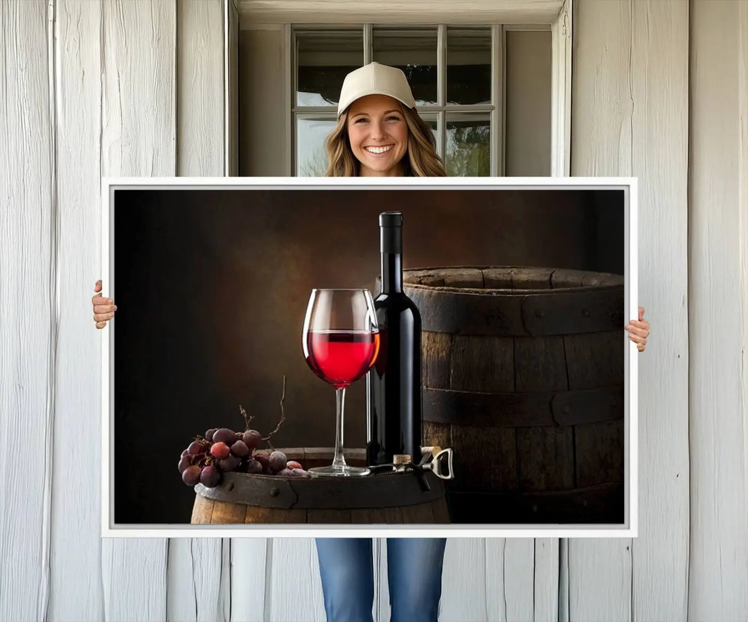 A kitchen featuring the Wall Art Red Wine Bottle and Tun canvas print, ready to hang.