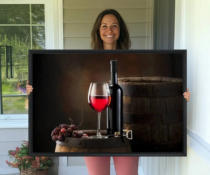 A kitchen featuring the Wall Art Red Wine Bottle and Tun canvas print, ready to hang.