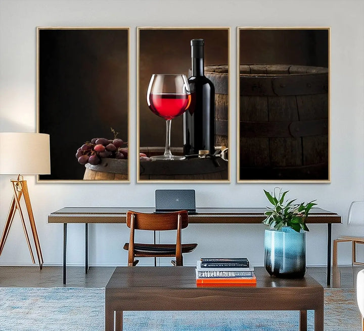 A kitchen featuring the Wall Art Red Wine Bottle and Tun canvas print, ready to hang.