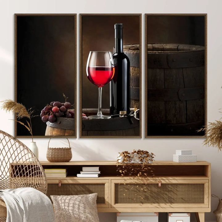 A kitchen featuring the Wall Art Red Wine Bottle and Tun canvas print, ready to hang.