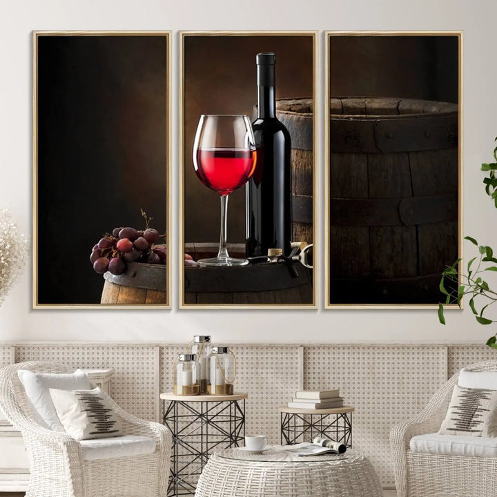 A kitchen featuring the Wall Art Red Wine Bottle and Tun canvas print, ready to hang.