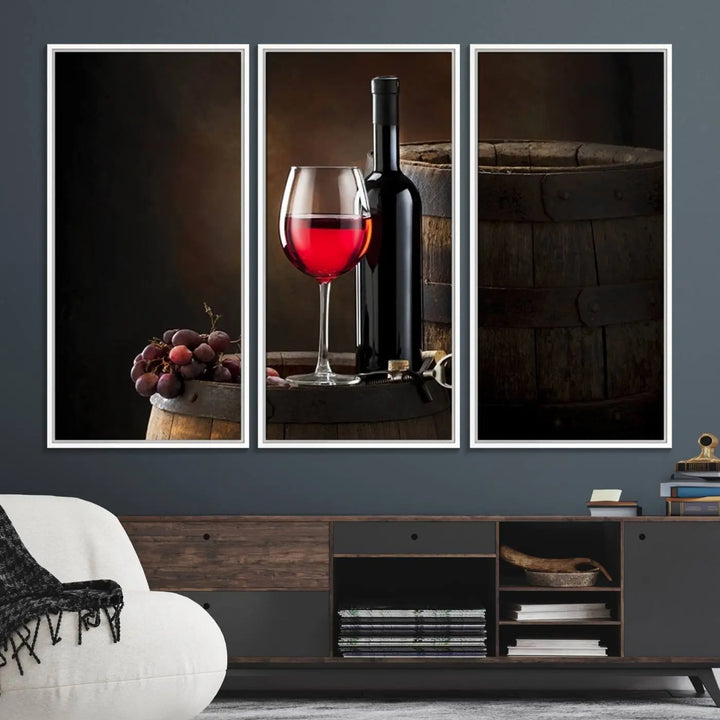 A kitchen featuring the Wall Art Red Wine Bottle and Tun canvas print, ready to hang.