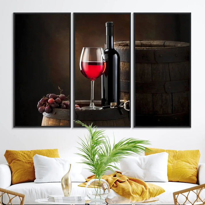 A kitchen featuring the Wall Art Red Wine Bottle and Tun canvas print, ready to hang.