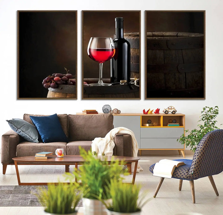 A kitchen featuring the Wall Art Red Wine Bottle and Tun canvas print, ready to hang.