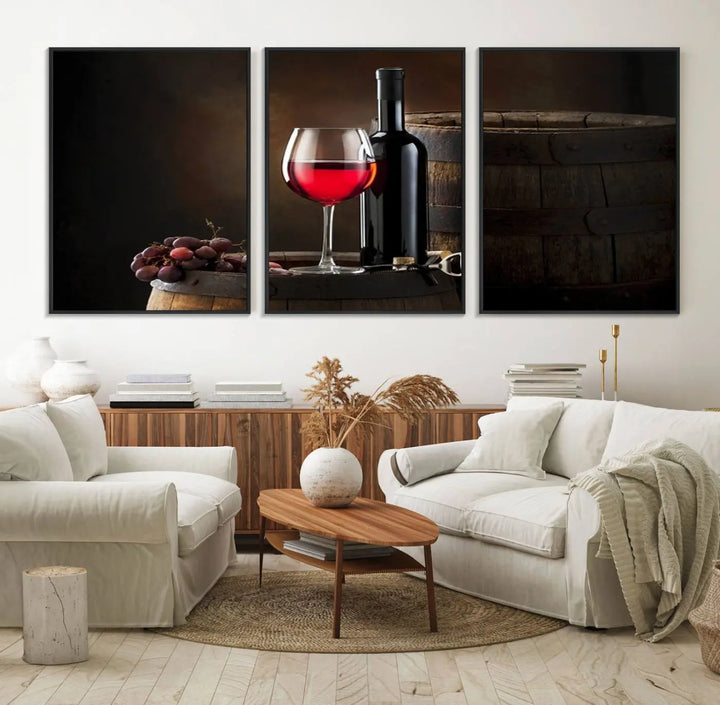 A kitchen featuring the Wall Art Red Wine Bottle and Tun canvas print, ready to hang.