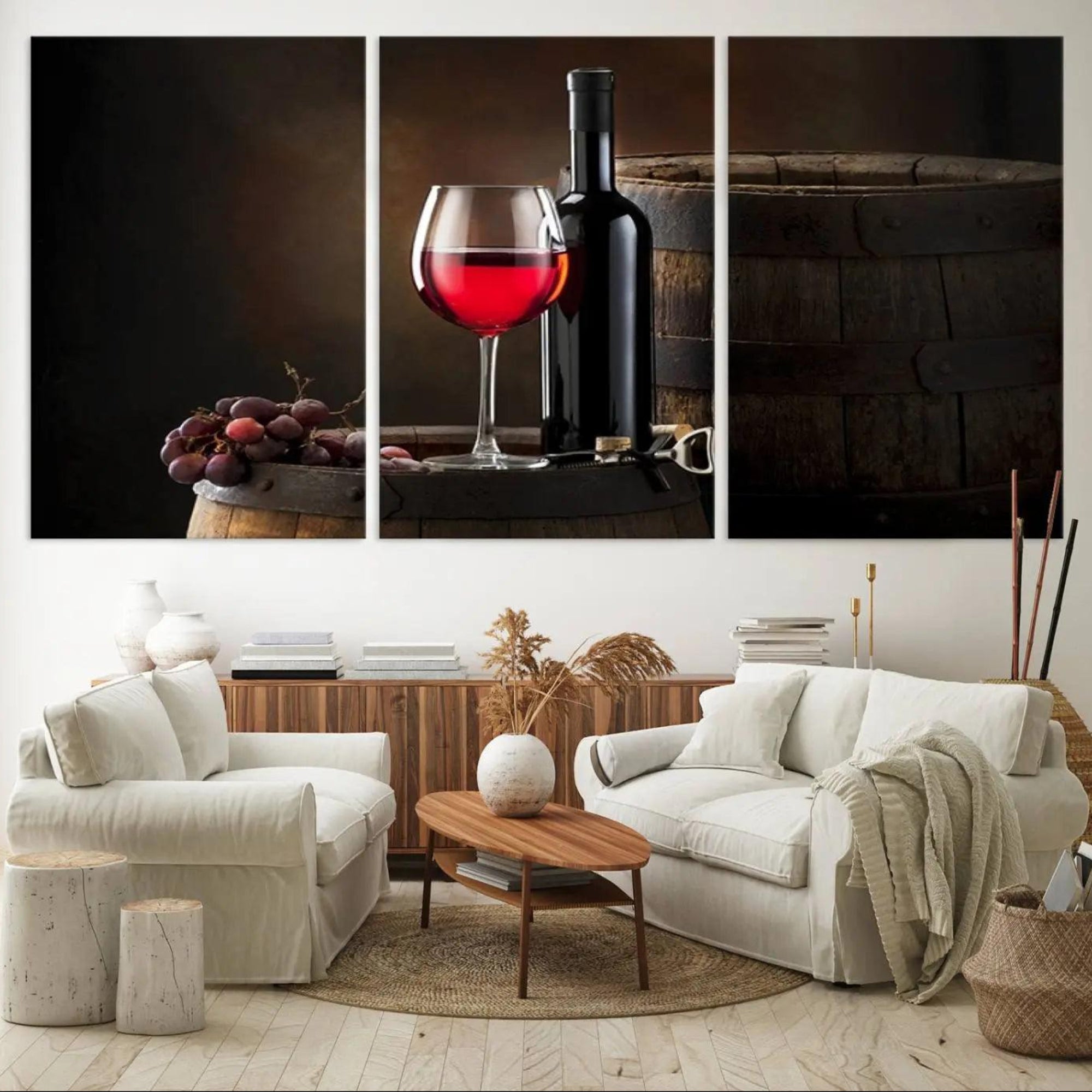 83702-MGV-CV-60X30-3P-Wall Art Red Wine Bottle and Tun Canvas Print