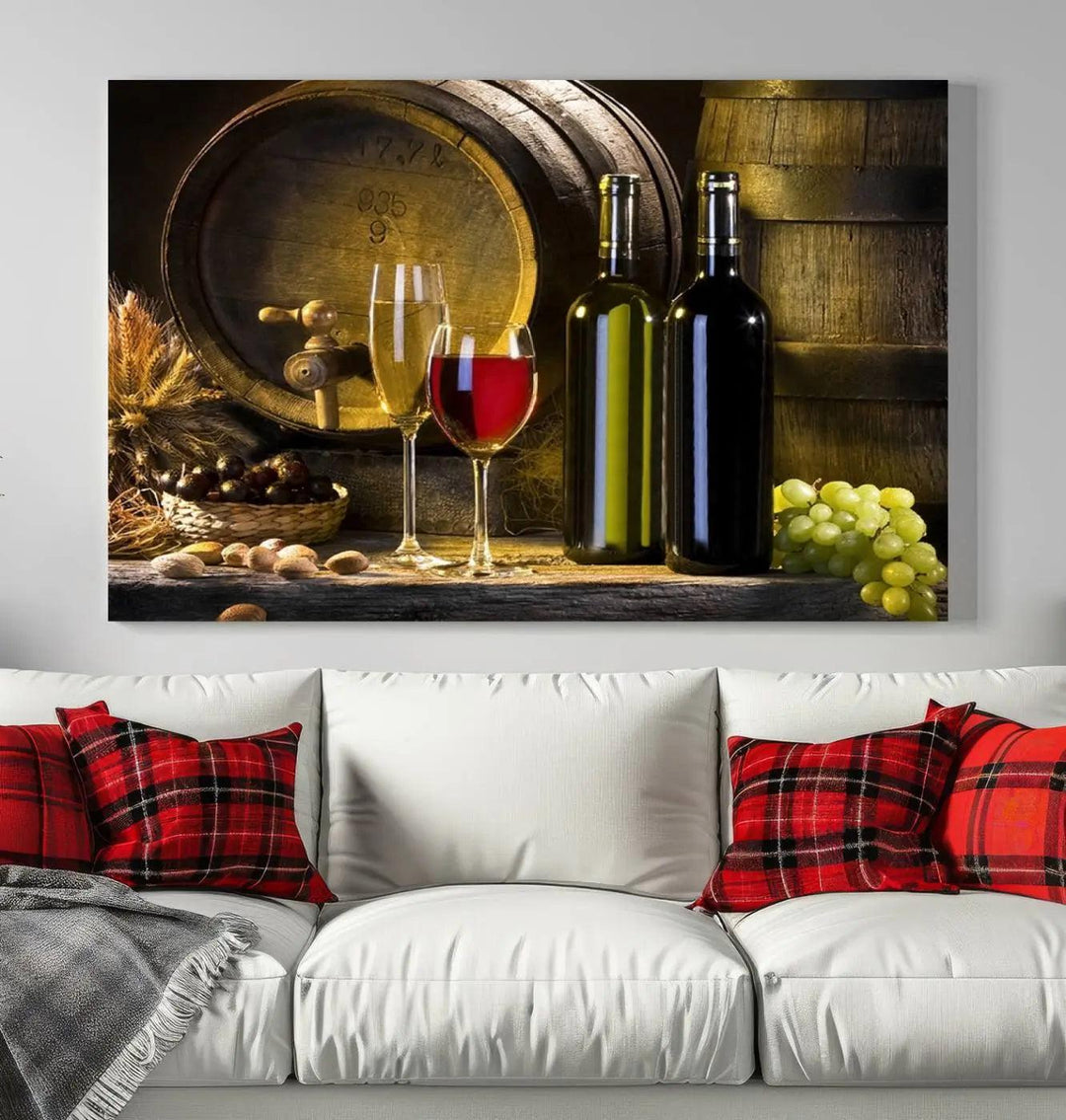 Explore the "Wall Art Red and White Wine with Bottles and Tun Canvas Print," a triptych on gallery-wrapped, museum-quality canvas. Featuring a wine barrel, bottles, and a glass of red wine, it includes a UV-protective coating for lasting vibrancy.