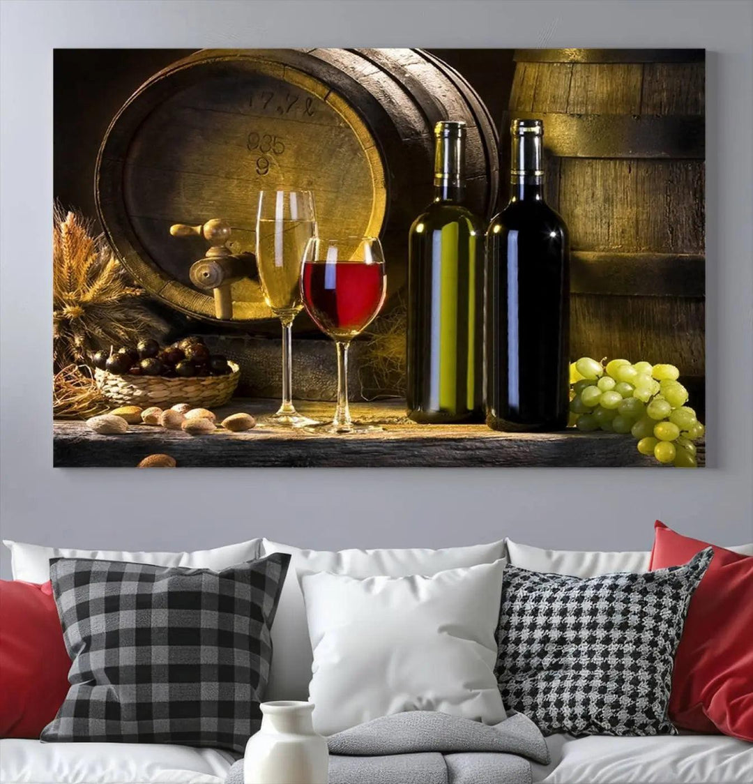 Explore the "Wall Art Red and White Wine with Bottles and Tun Canvas Print," a triptych on gallery-wrapped, museum-quality canvas. Featuring a wine barrel, bottles, and a glass of red wine, it includes a UV-protective coating for lasting vibrancy.