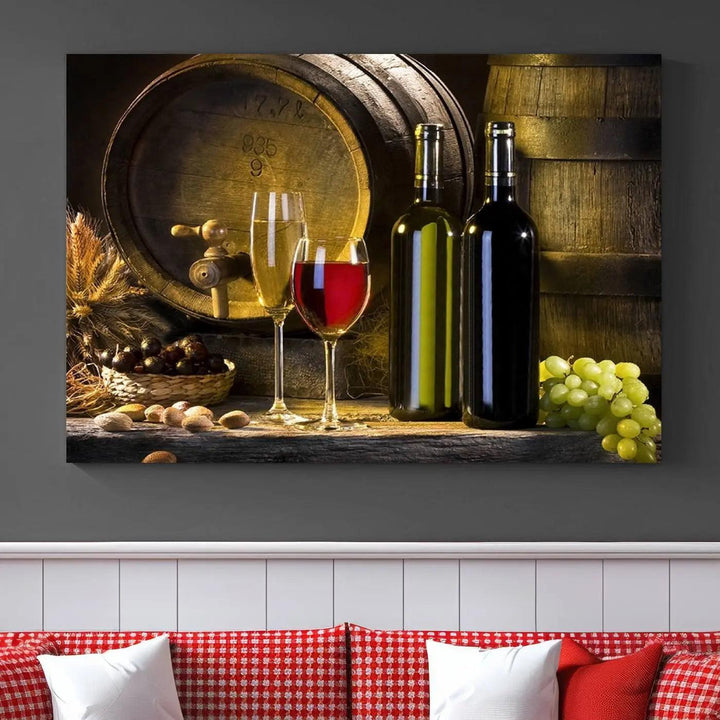 Explore the "Wall Art Red and White Wine with Bottles and Tun Canvas Print," a triptych on gallery-wrapped, museum-quality canvas. Featuring a wine barrel, bottles, and a glass of red wine, it includes a UV-protective coating for lasting vibrancy.