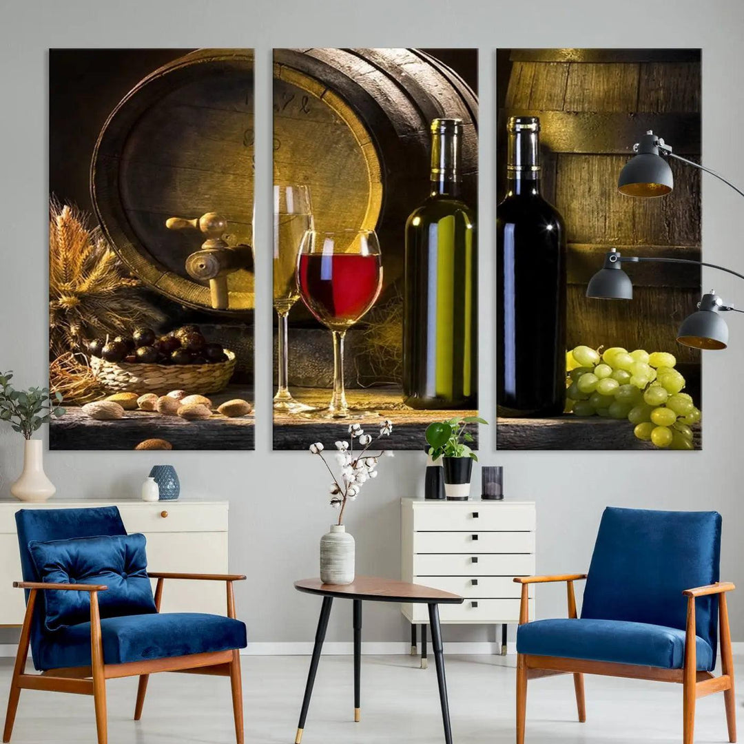 Explore the "Wall Art Red and White Wine with Bottles and Tun Canvas Print," a triptych on gallery-wrapped, museum-quality canvas. Featuring a wine barrel, bottles, and a glass of red wine, it includes a UV-protective coating for lasting vibrancy.