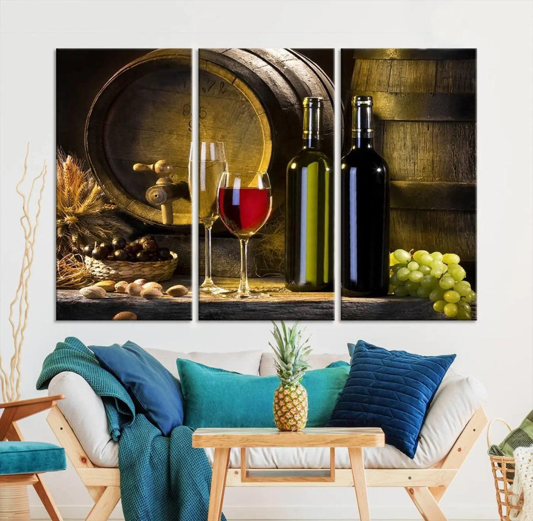 Explore the "Wall Art Red and White Wine with Bottles and Tun Canvas Print," a triptych on gallery-wrapped, museum-quality canvas. Featuring a wine barrel, bottles, and a glass of red wine, it includes a UV-protective coating for lasting vibrancy.