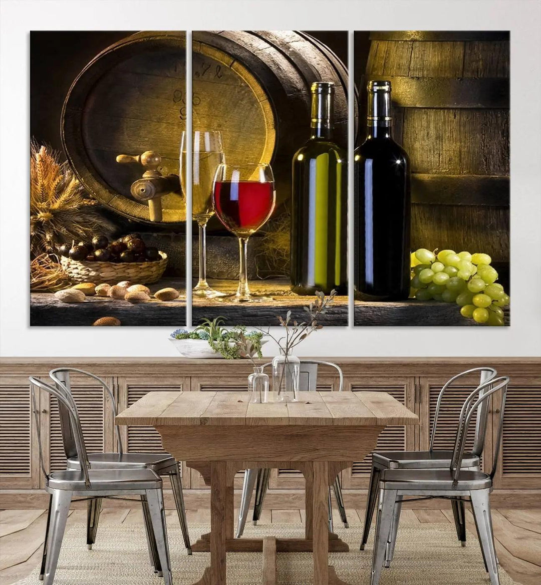 Explore the "Wall Art Red and White Wine with Bottles and Tun Canvas Print," a triptych on gallery-wrapped, museum-quality canvas. Featuring a wine barrel, bottles, and a glass of red wine, it includes a UV-protective coating for lasting vibrancy.