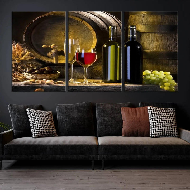 Explore the "Wall Art Red and White Wine with Bottles and Tun Canvas Print," a triptych on gallery-wrapped, museum-quality canvas. Featuring a wine barrel, bottles, and a glass of red wine, it includes a UV-protective coating for lasting vibrancy.