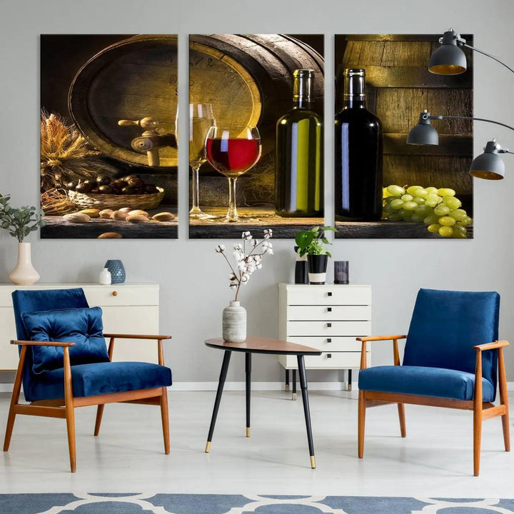 Explore the "Wall Art Red and White Wine with Bottles and Tun Canvas Print," a triptych on gallery-wrapped, museum-quality canvas. Featuring a wine barrel, bottles, and a glass of red wine, it includes a UV-protective coating for lasting vibrancy.