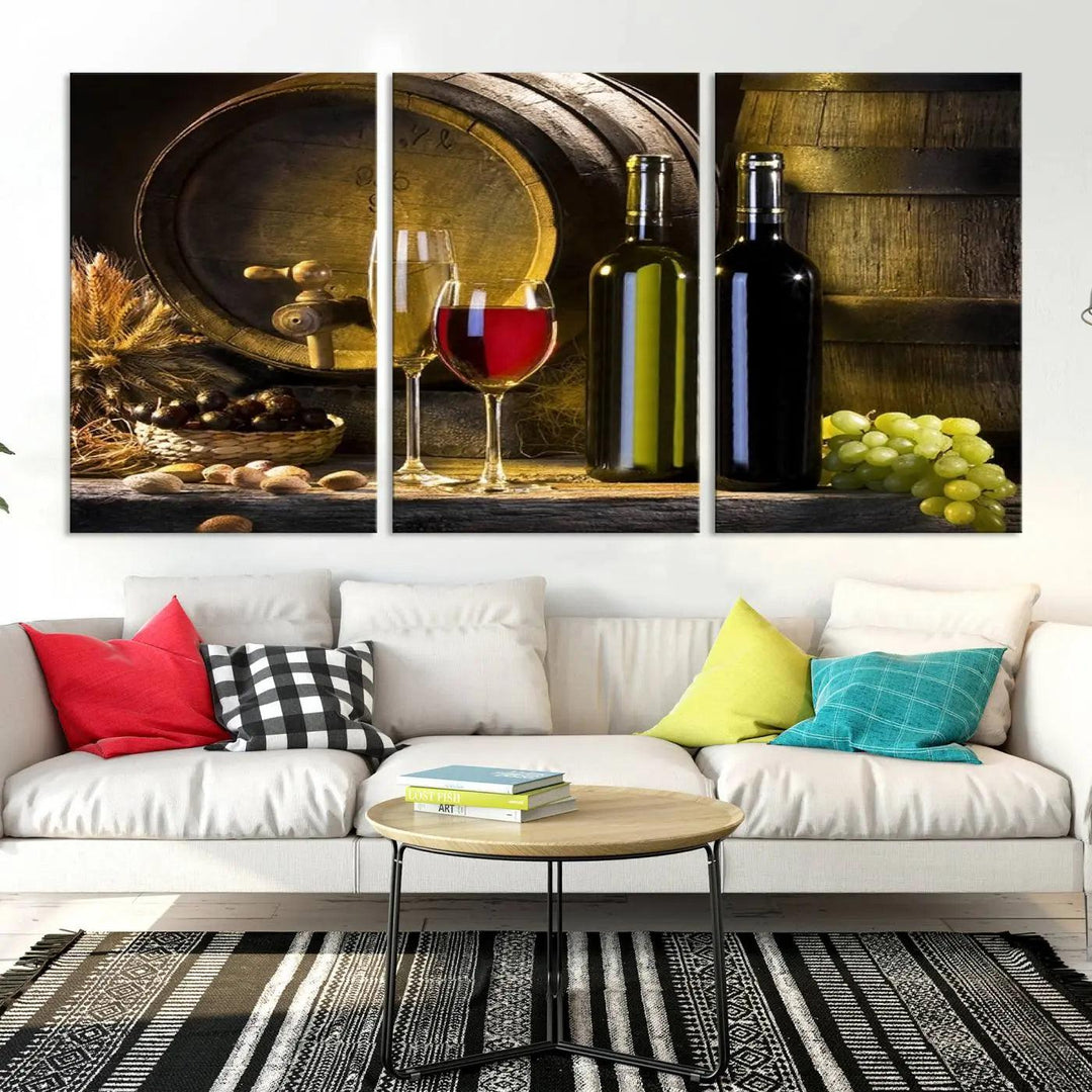 Explore the "Wall Art Red and White Wine with Bottles and Tun Canvas Print," a triptych on gallery-wrapped, museum-quality canvas. Featuring a wine barrel, bottles, and a glass of red wine, it includes a UV-protective coating for lasting vibrancy.