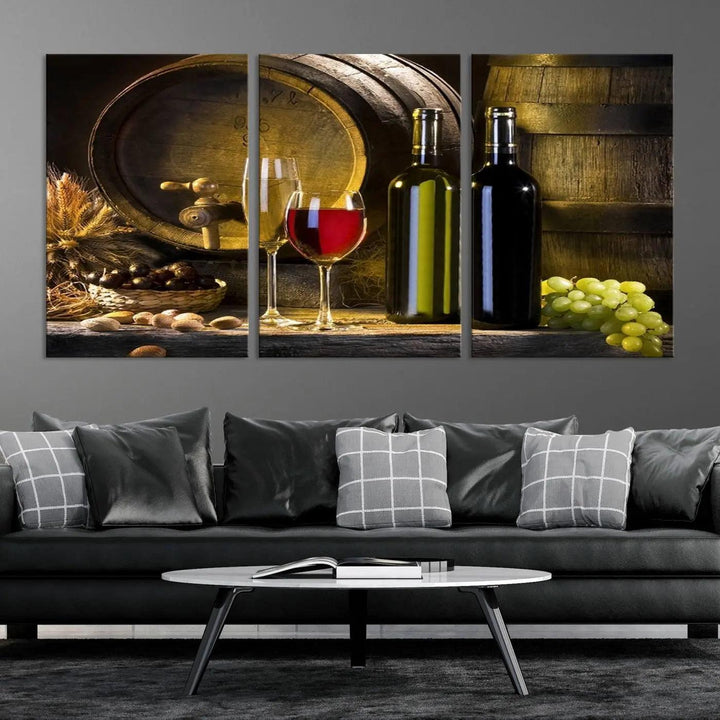 Explore the "Wall Art Red and White Wine with Bottles and Tun Canvas Print," a triptych on gallery-wrapped, museum-quality canvas. Featuring a wine barrel, bottles, and a glass of red wine, it includes a UV-protective coating for lasting vibrancy.