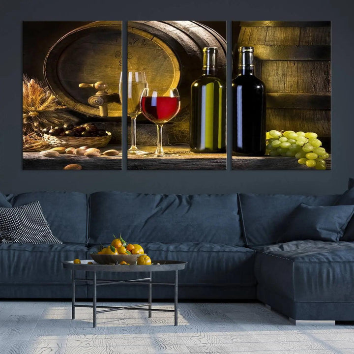 Explore the "Wall Art Red and White Wine with Bottles and Tun Canvas Print," a triptych on gallery-wrapped, museum-quality canvas. Featuring a wine barrel, bottles, and a glass of red wine, it includes a UV-protective coating for lasting vibrancy.