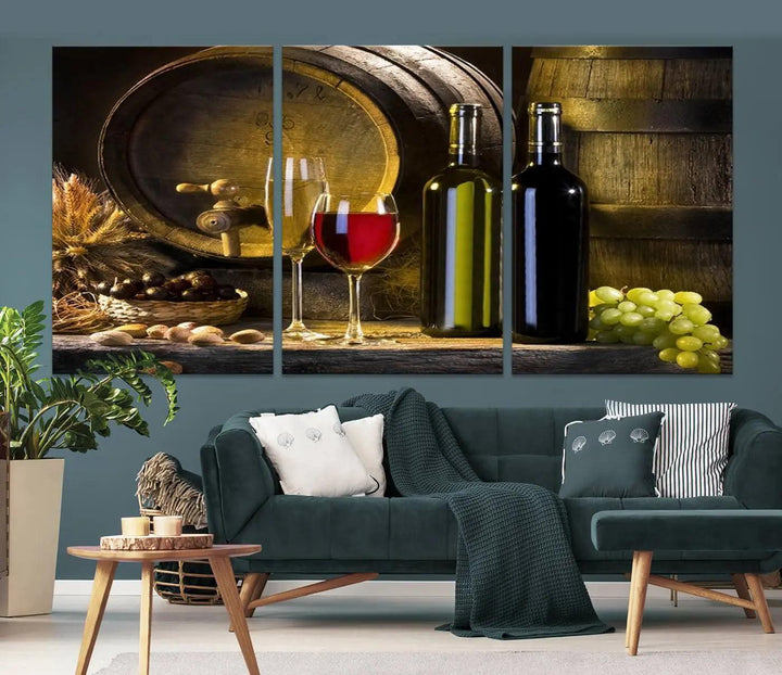 Explore the "Wall Art Red and White Wine with Bottles and Tun Canvas Print," a triptych on gallery-wrapped, museum-quality canvas. Featuring a wine barrel, bottles, and a glass of red wine, it includes a UV-protective coating for lasting vibrancy.