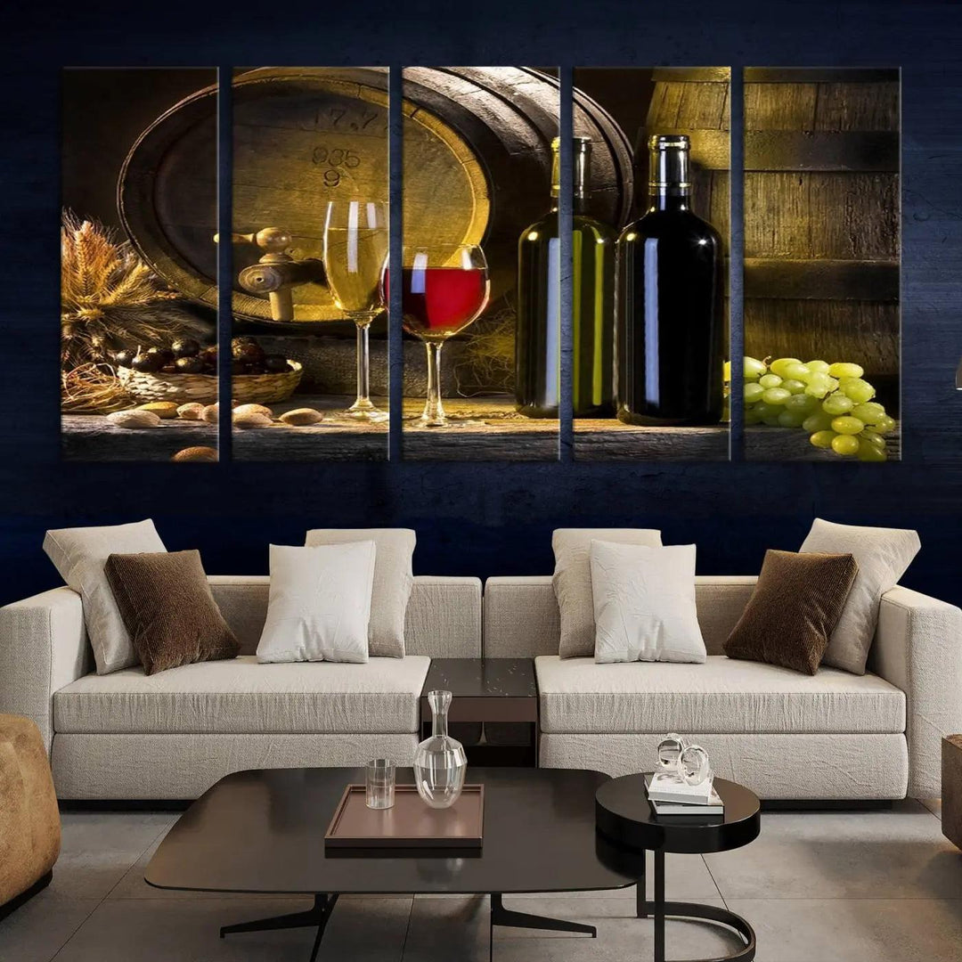 Explore the "Wall Art Red and White Wine with Bottles and Tun Canvas Print," a triptych on gallery-wrapped, museum-quality canvas. Featuring a wine barrel, bottles, and a glass of red wine, it includes a UV-protective coating for lasting vibrancy.