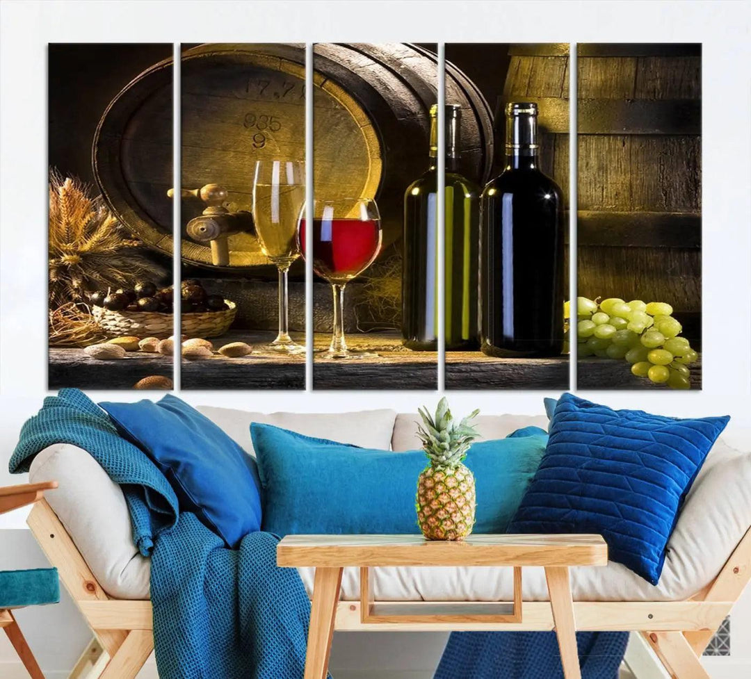 Explore the "Wall Art Red and White Wine with Bottles and Tun Canvas Print," a triptych on gallery-wrapped, museum-quality canvas. Featuring a wine barrel, bottles, and a glass of red wine, it includes a UV-protective coating for lasting vibrancy.