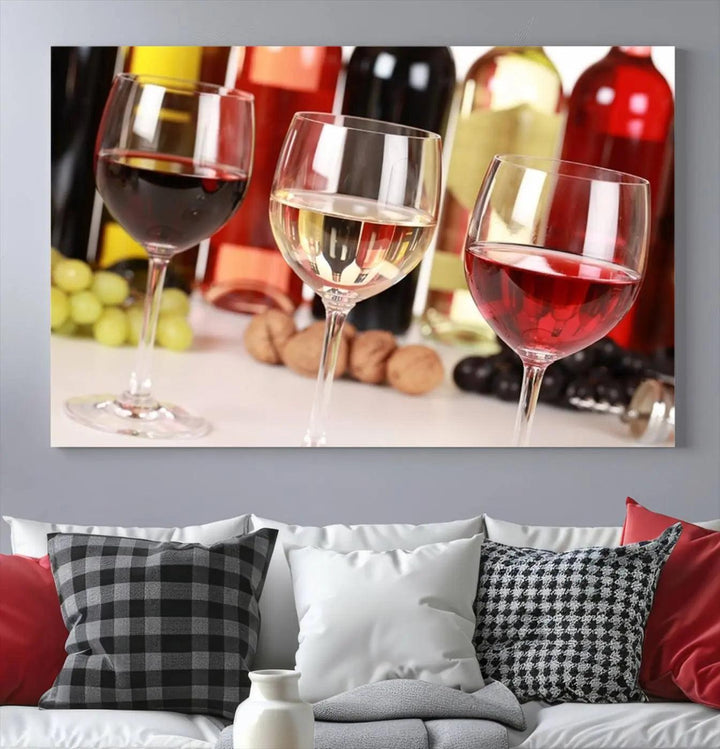 The "Wall Art Red, White and Rose Wine in Glass Canvas Print" features three wine glasses filled with red, white, and rosé wine. This artwork is ready to hang on your wall and is crafted on museum-quality canvas with a UV-protective coating for lasting beauty.