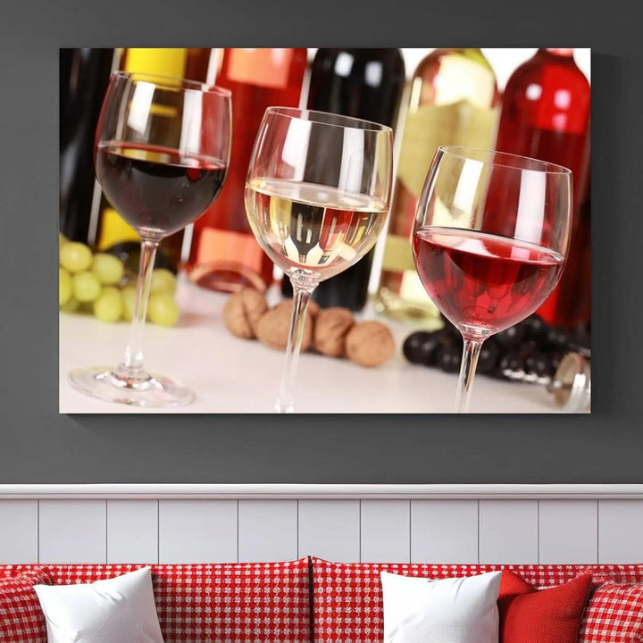 The "Wall Art Red, White and Rose Wine in Glass Canvas Print" features three wine glasses filled with red, white, and rosé wine. This artwork is ready to hang on your wall and is crafted on museum-quality canvas with a UV-protective coating for lasting beauty.