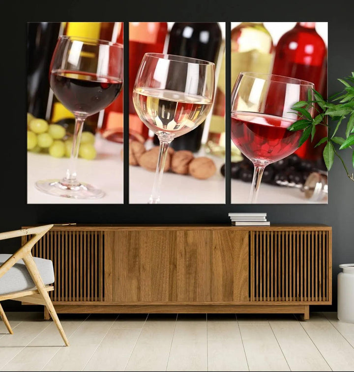 The "Wall Art Red, White and Rose Wine in Glass Canvas Print" features three wine glasses filled with red, white, and rosé wine. This artwork is ready to hang on your wall and is crafted on museum-quality canvas with a UV-protective coating for lasting beauty.