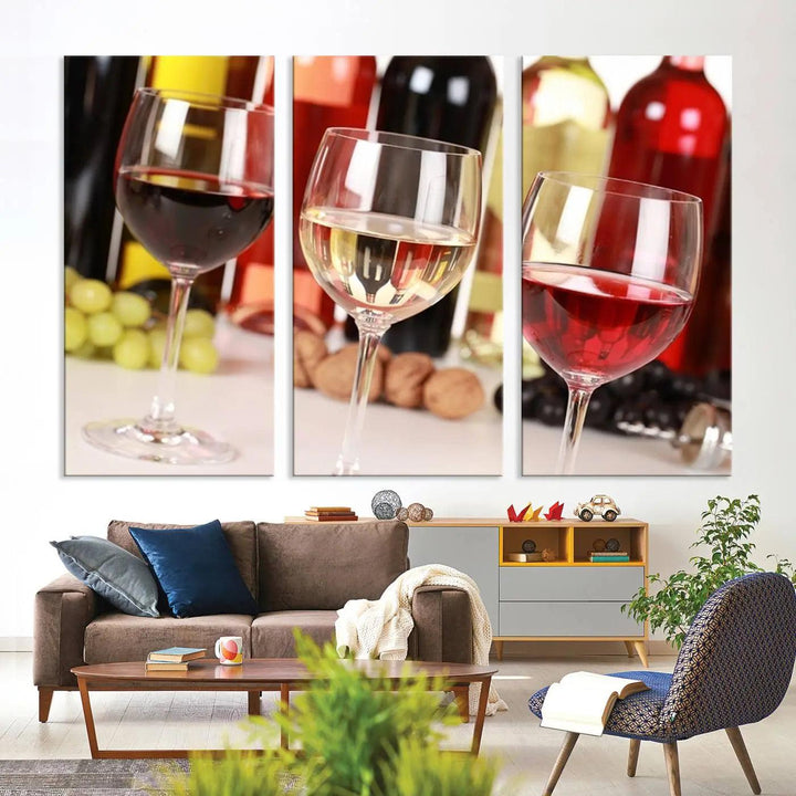 The "Wall Art Red, White and Rose Wine in Glass Canvas Print" features three wine glasses filled with red, white, and rosé wine. This artwork is ready to hang on your wall and is crafted on museum-quality canvas with a UV-protective coating for lasting beauty.