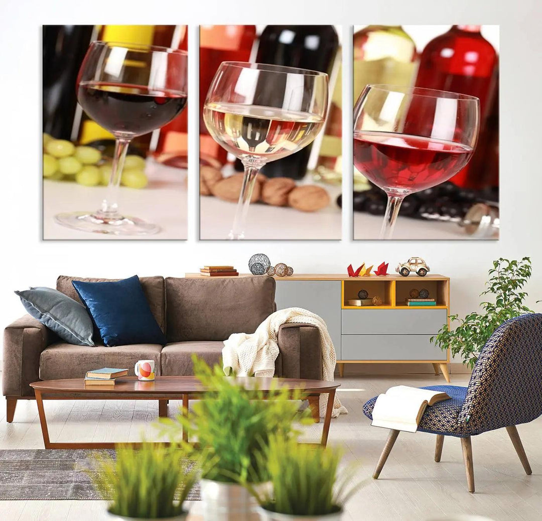 The "Wall Art Red, White and Rose Wine in Glass Canvas Print" features three wine glasses filled with red, white, and rosé wine. This artwork is ready to hang on your wall and is crafted on museum-quality canvas with a UV-protective coating for lasting beauty.