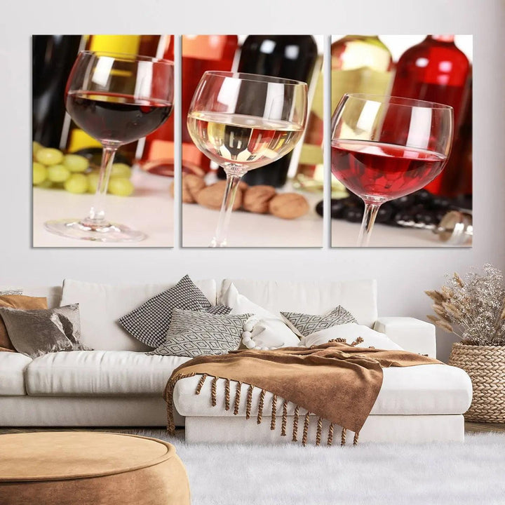 The "Wall Art Red, White and Rose Wine in Glass Canvas Print" features three wine glasses filled with red, white, and rosé wine. This artwork is ready to hang on your wall and is crafted on museum-quality canvas with a UV-protective coating for lasting beauty.