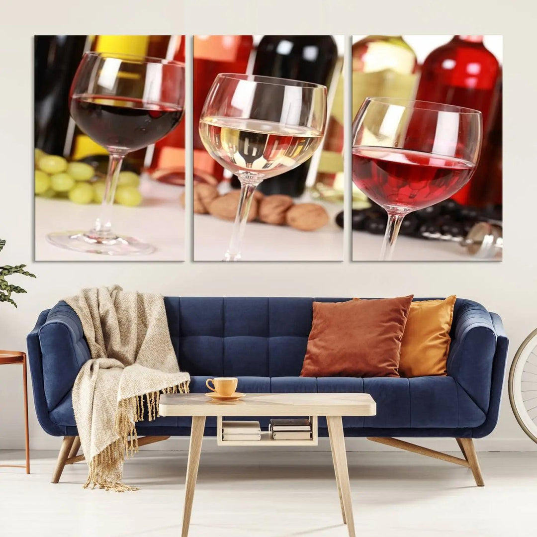 The "Wall Art Red, White and Rose Wine in Glass Canvas Print" features three wine glasses filled with red, white, and rosé wine. This artwork is ready to hang on your wall and is crafted on museum-quality canvas with a UV-protective coating for lasting beauty.