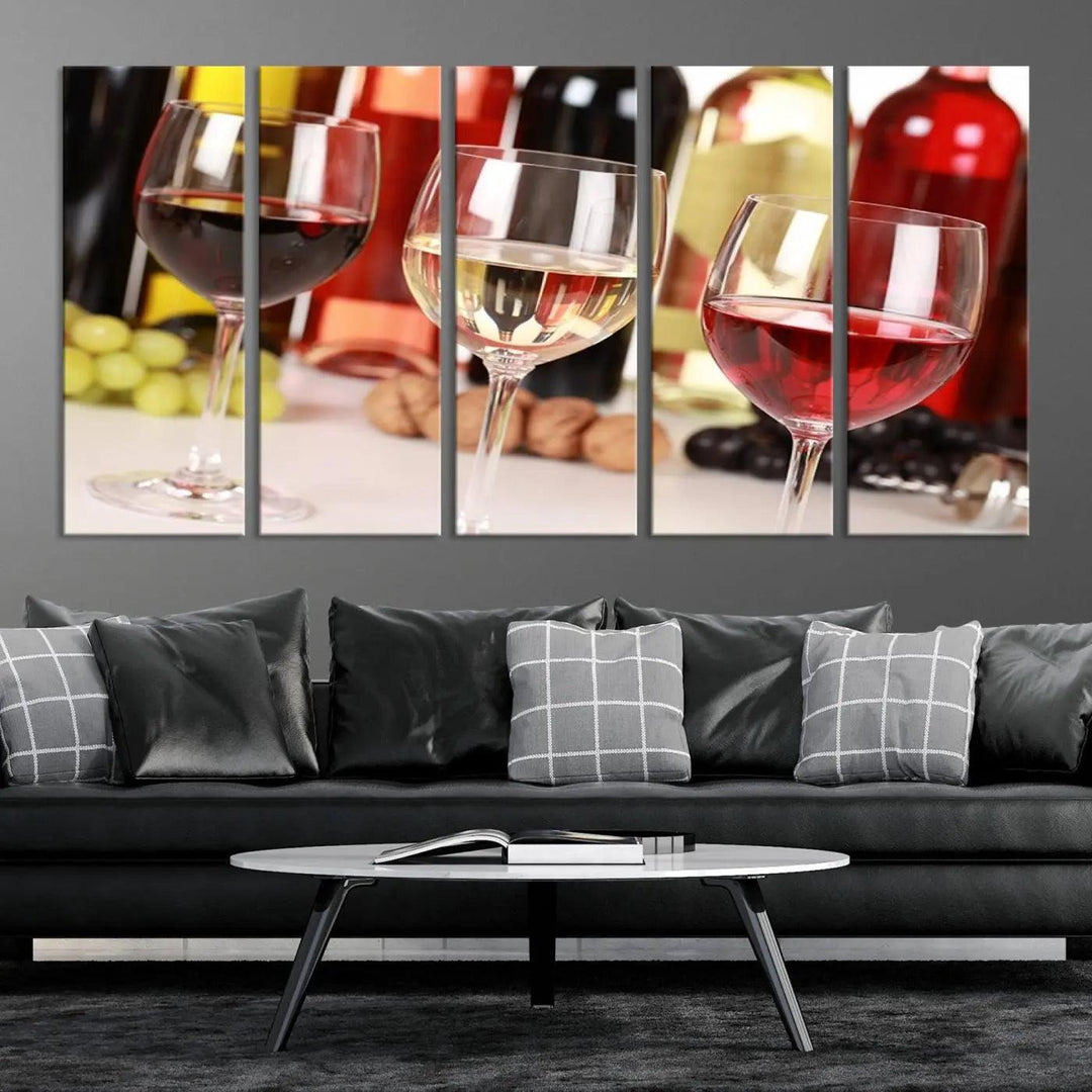 The "Wall Art Red, White and Rose Wine in Glass Canvas Print" features three wine glasses filled with red, white, and rosé wine. This artwork is ready to hang on your wall and is crafted on museum-quality canvas with a UV-protective coating for lasting beauty.